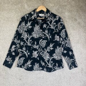 Coldwater Creek Shirt Womens Medium Black White Paisley Floral Button Up- 3634